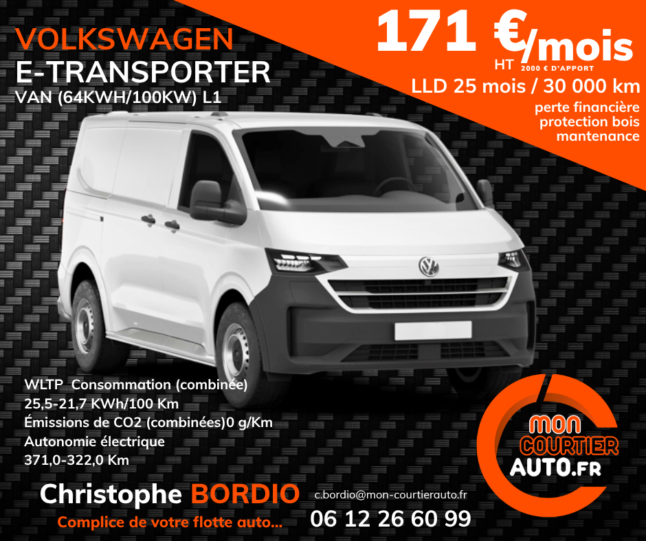 Véhicule utilitaire Volkswagen E-Transporter blanc avec offre de location mensuelle.