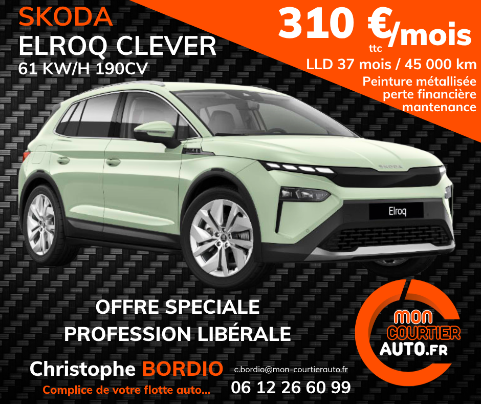 Voiture Skoda Elroq Clever, offre spéciale pour profession libérale, montant 310 €/mois.
