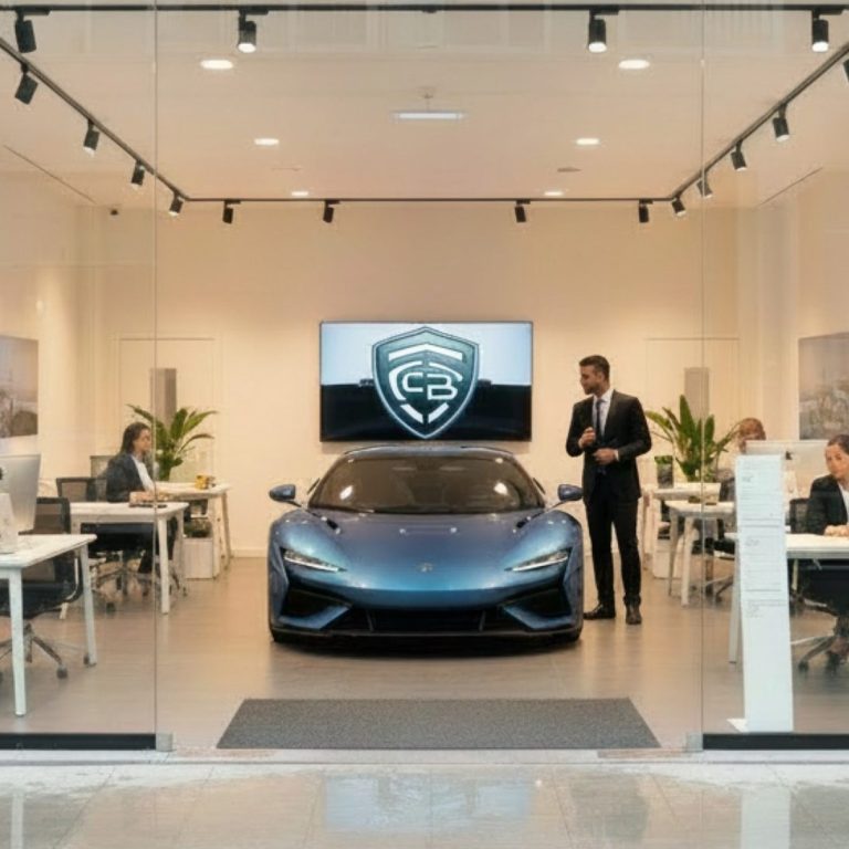 Showroom moderne avec une voiture de luxe, bureaux et personnel en arrière-plan.