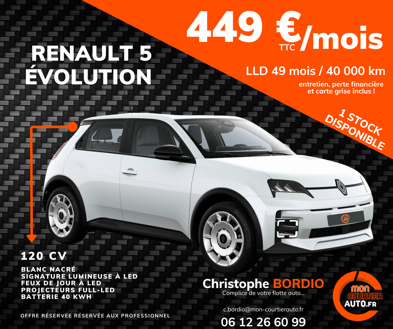 Renault 5 Évolution blanche à partir de 449 €/mois, 120 CV, offre limitée.